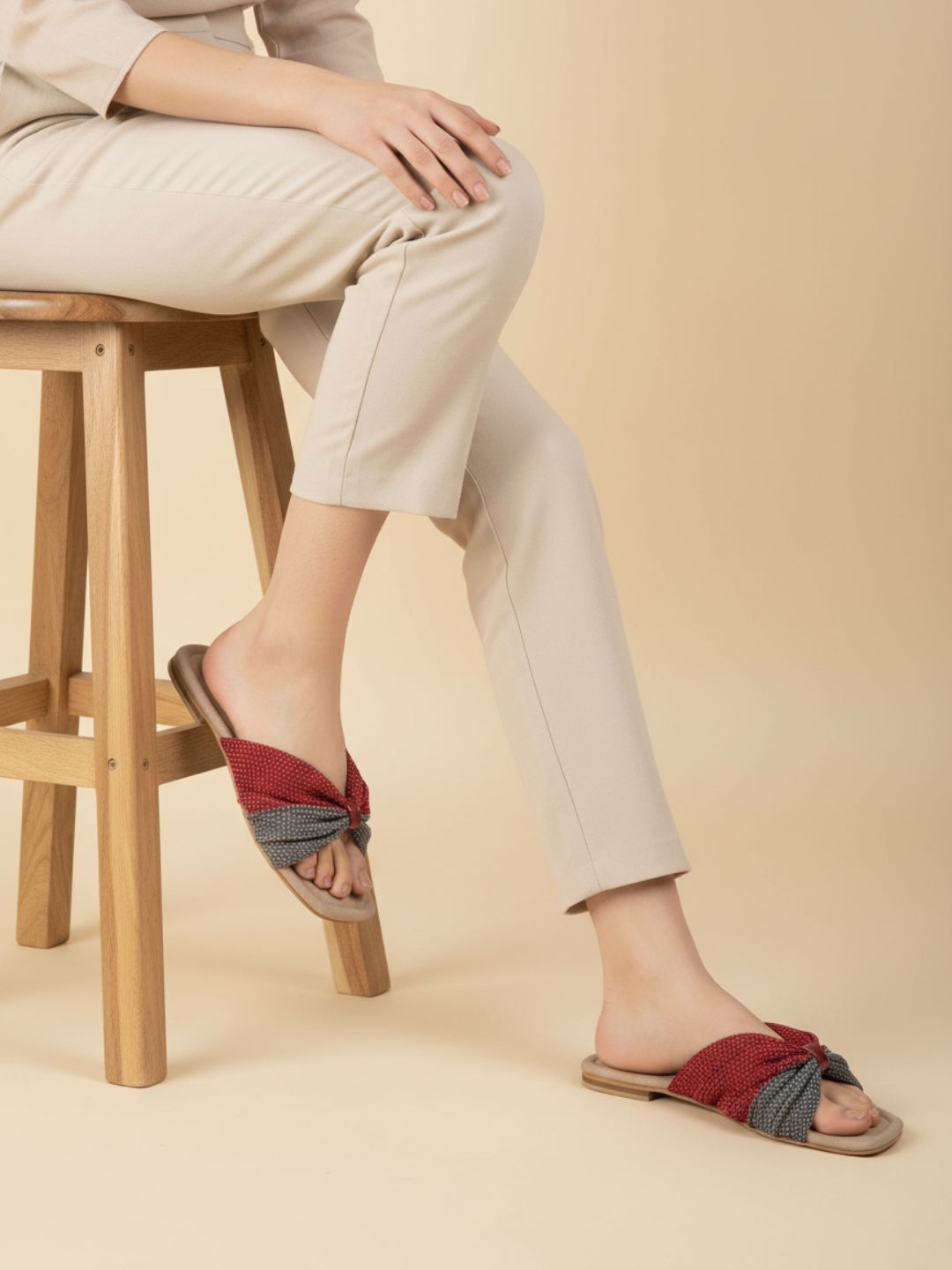 Womens Maroon Casual Embellished Open Toe Flat Slip-Ons