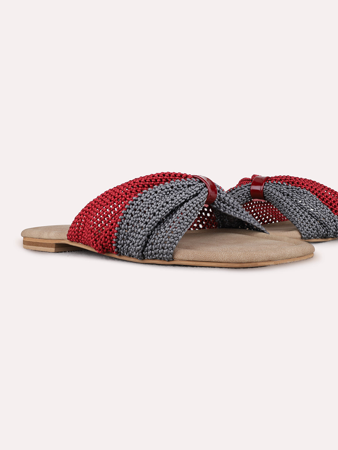 Womens Maroon Casual Embellished Open Toe Flat Slip-Ons