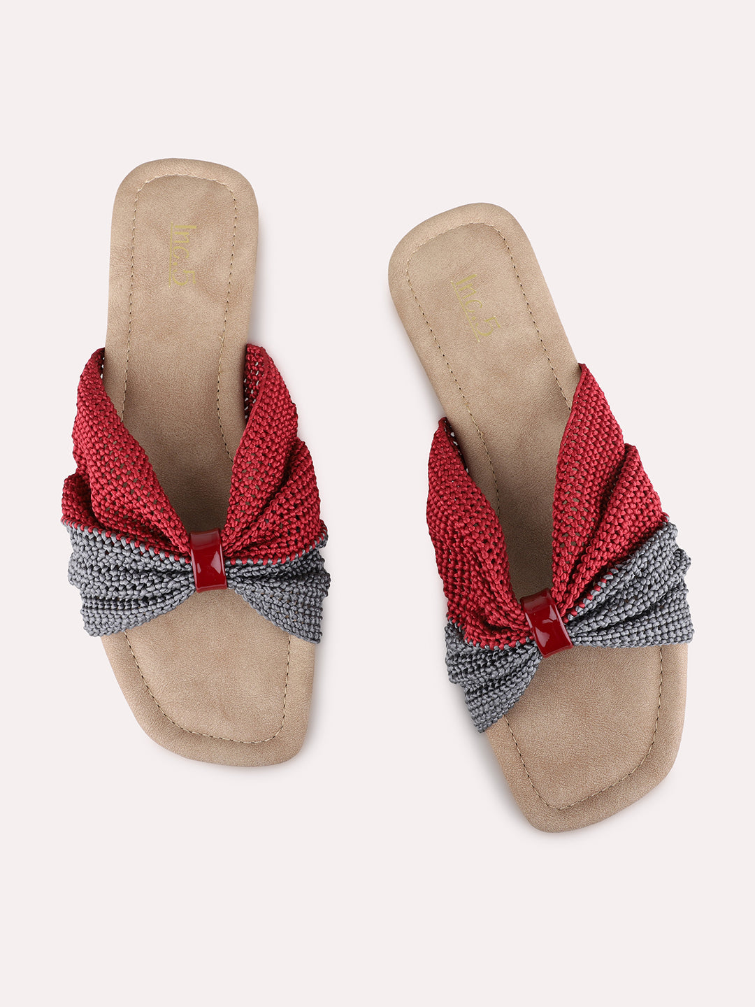 Womens Maroon Casual Embellished Open Toe Flat Slip-Ons