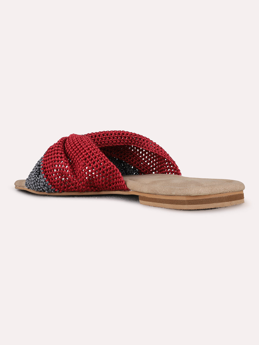Womens Maroon Casual Embellished Open Toe Flat Slip-Ons