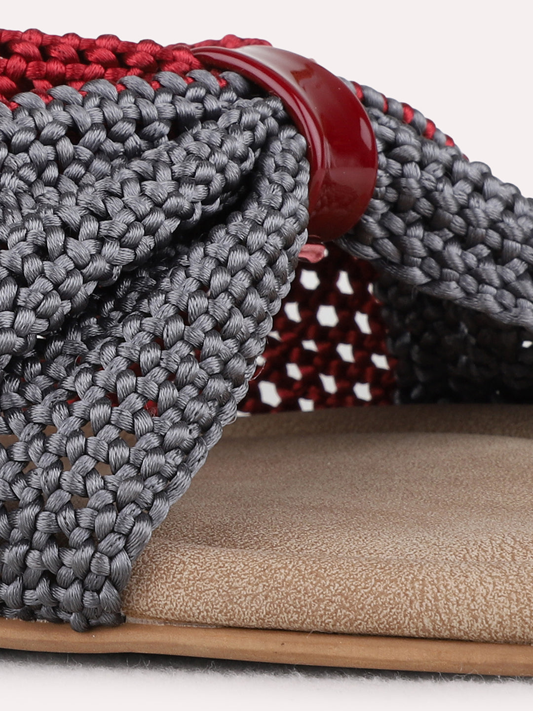 Womens Maroon Casual Embellished Open Toe Flat Slip-Ons
