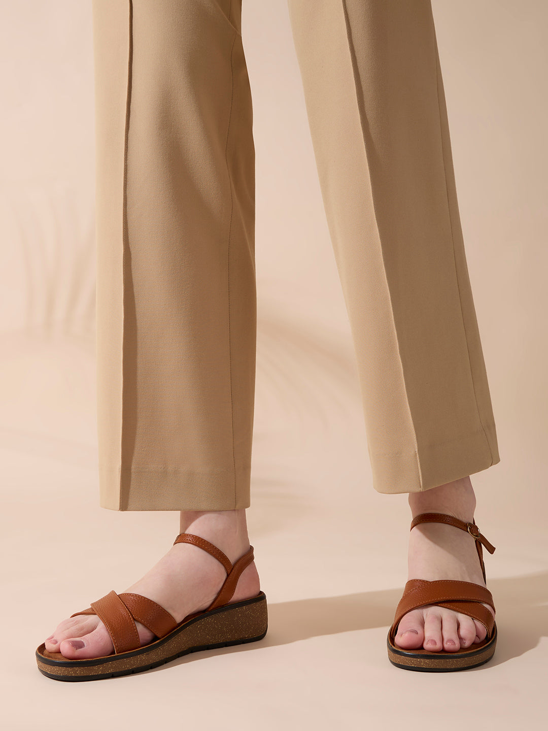 Womens Tan Party Wear Striped Round Toe Wedge Heel Sandals