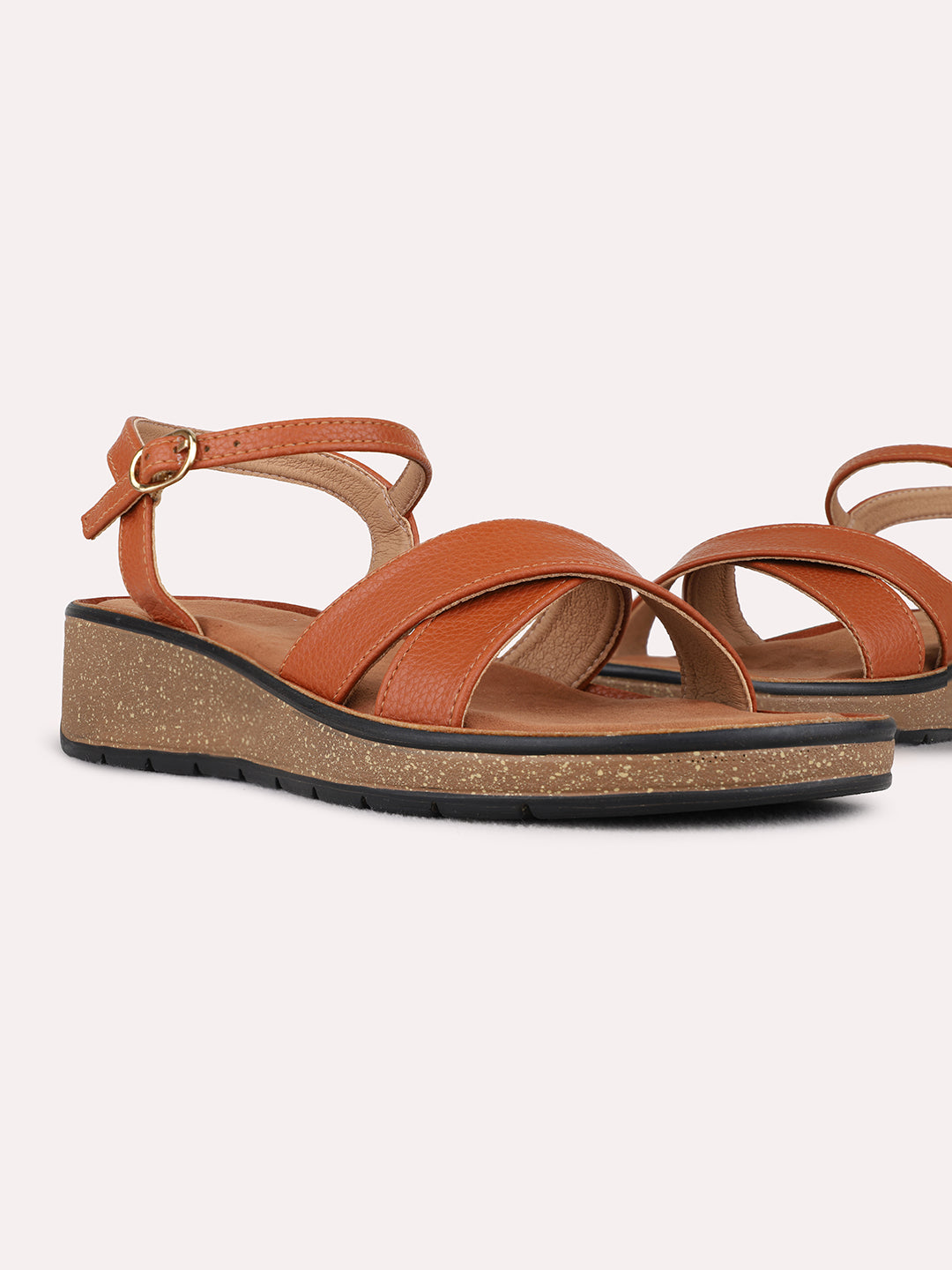 Womens Tan Party Wear Striped Round Toe Wedge Heel Sandals