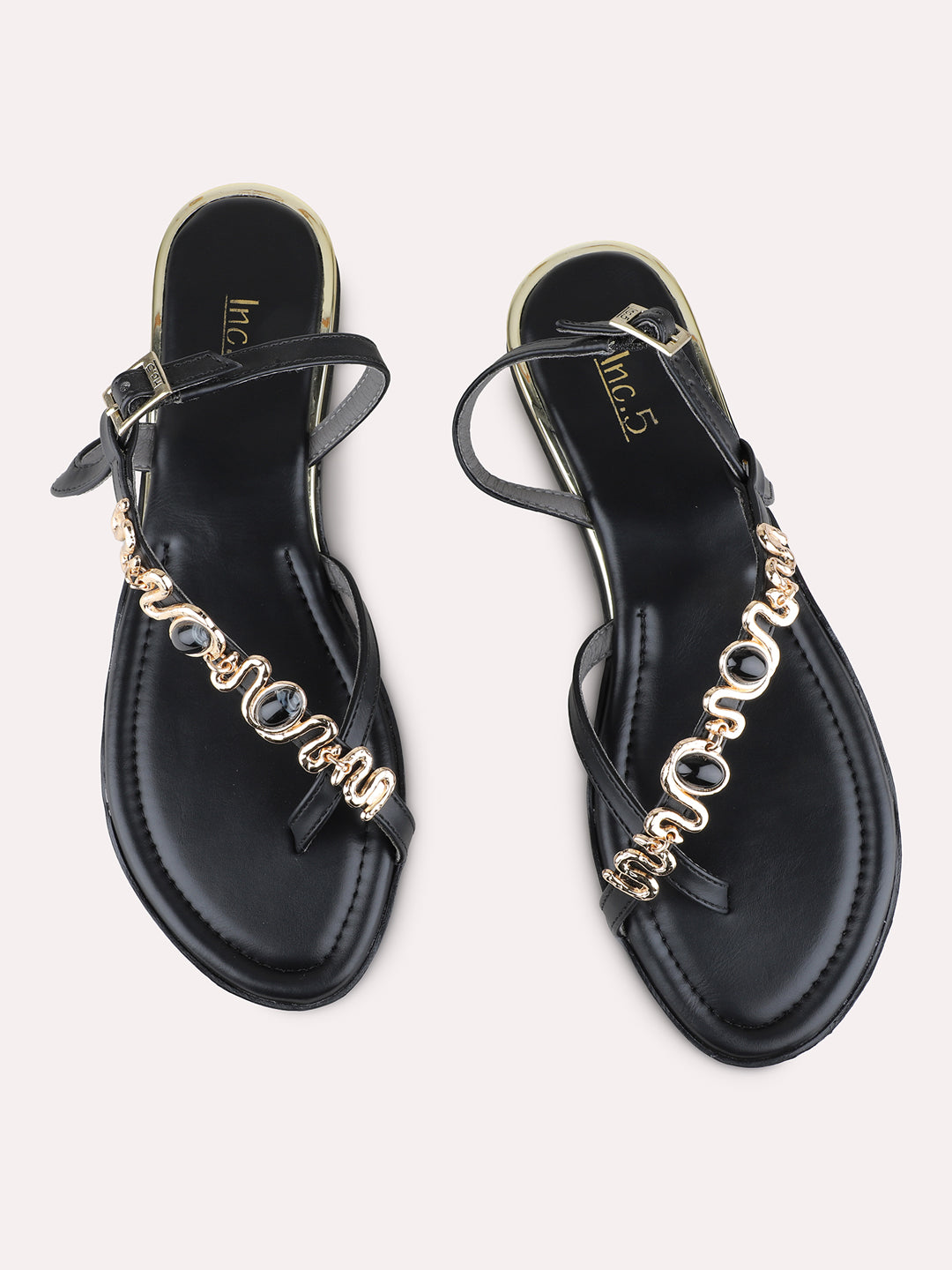 Womens Black Ethnic Embellished One Toe Flats