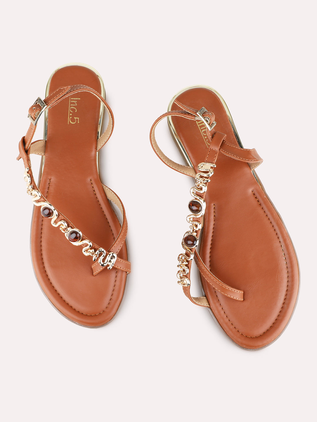 Womens Tan Ethnic Embellished One Toe Flats