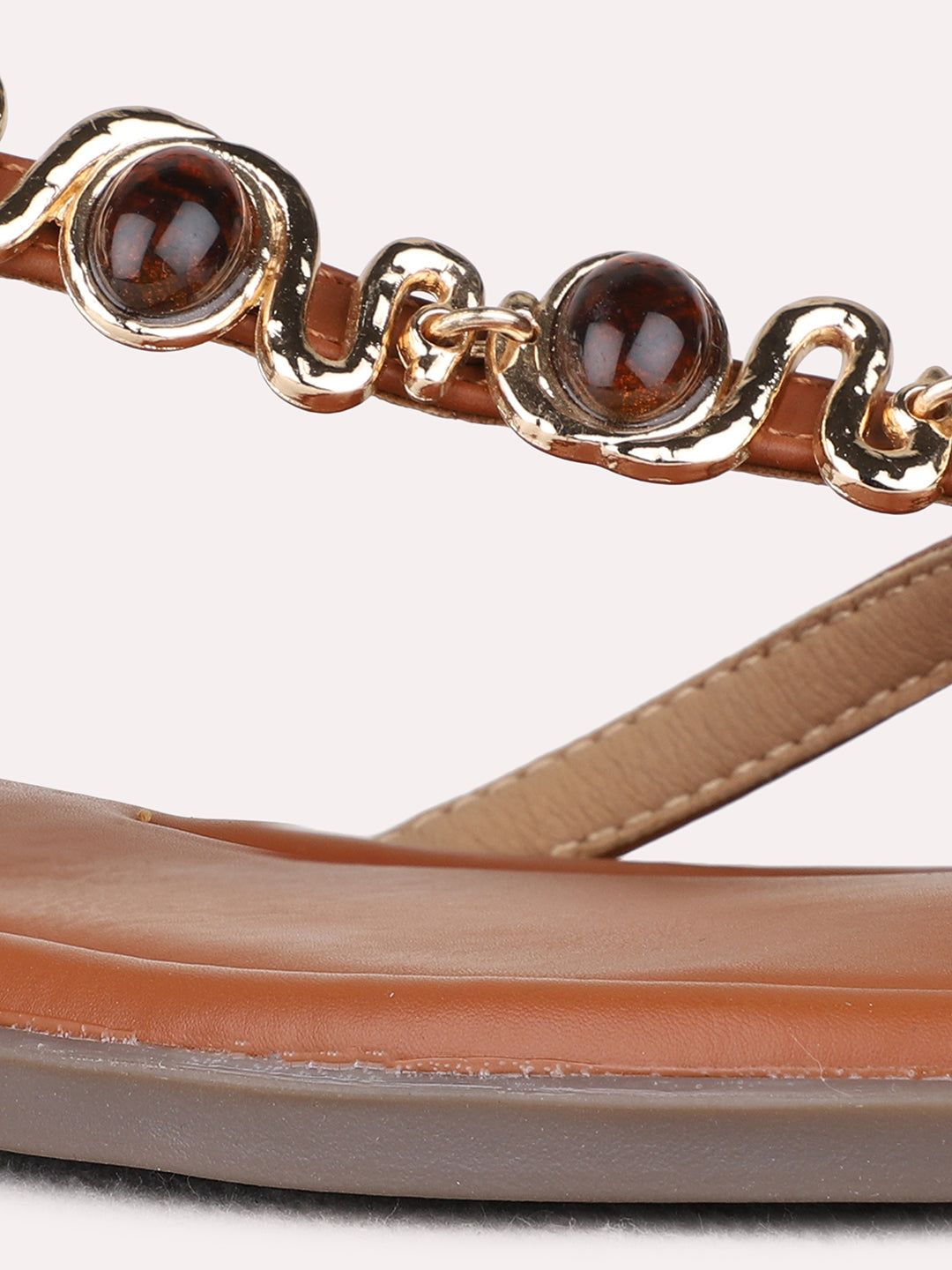 Womens Tan Ethnic Embellished One Toe Flats