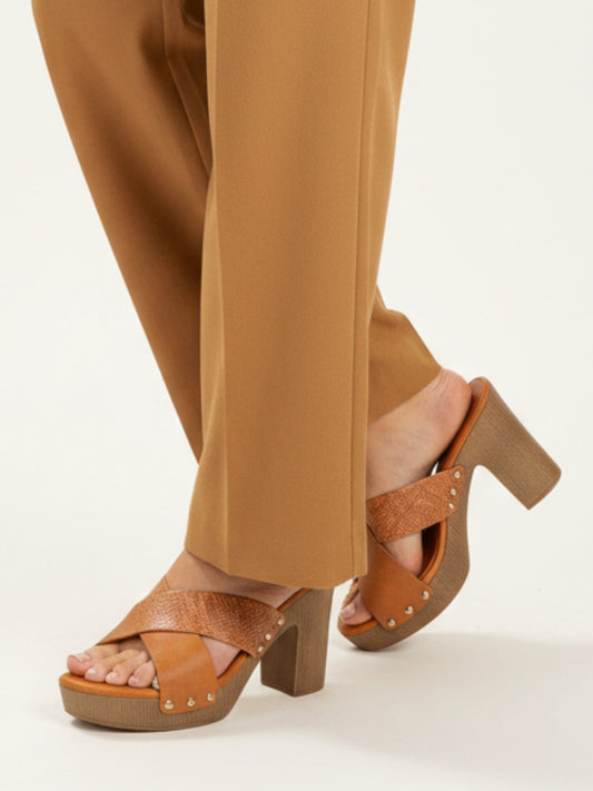 Womens Tan Party Wear Solid Pattern Round Toe Platform Heels
