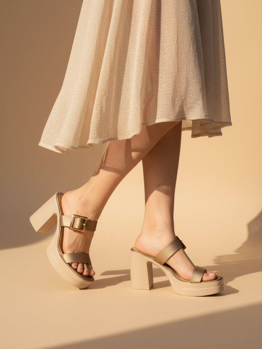 Womens Golden Party Wear Solid Pattern Round Toe Platform Heels