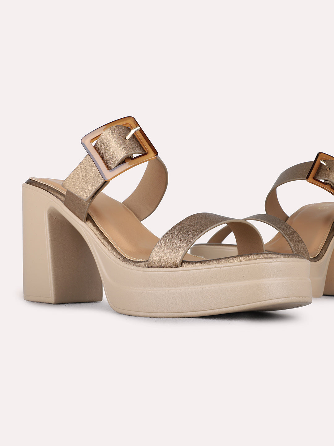 Womens Golden Party Wear Solid Pattern Round Toe Platform Heels