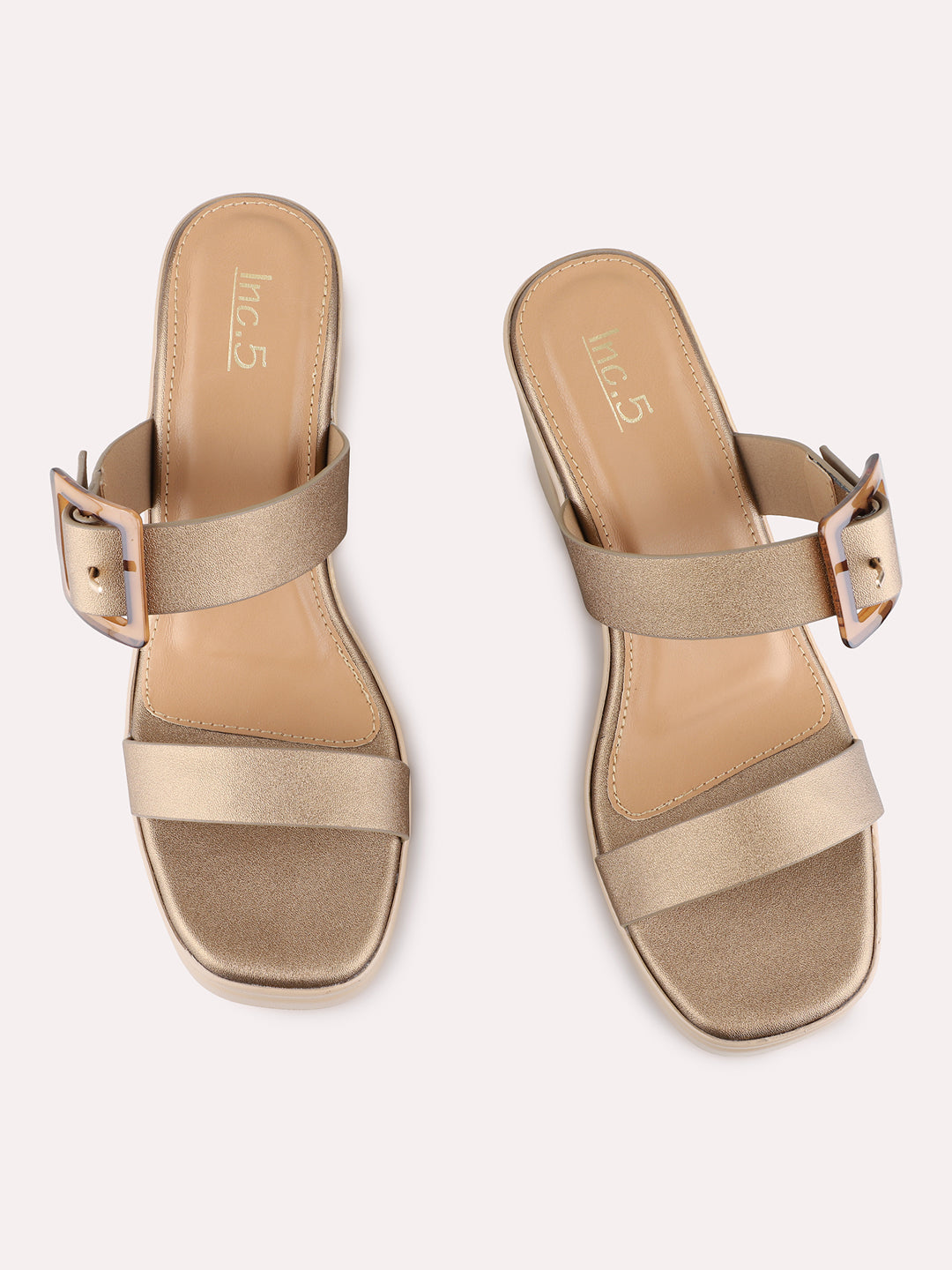 Womens Golden Party Wear Solid Pattern Round Toe Platform Heels
