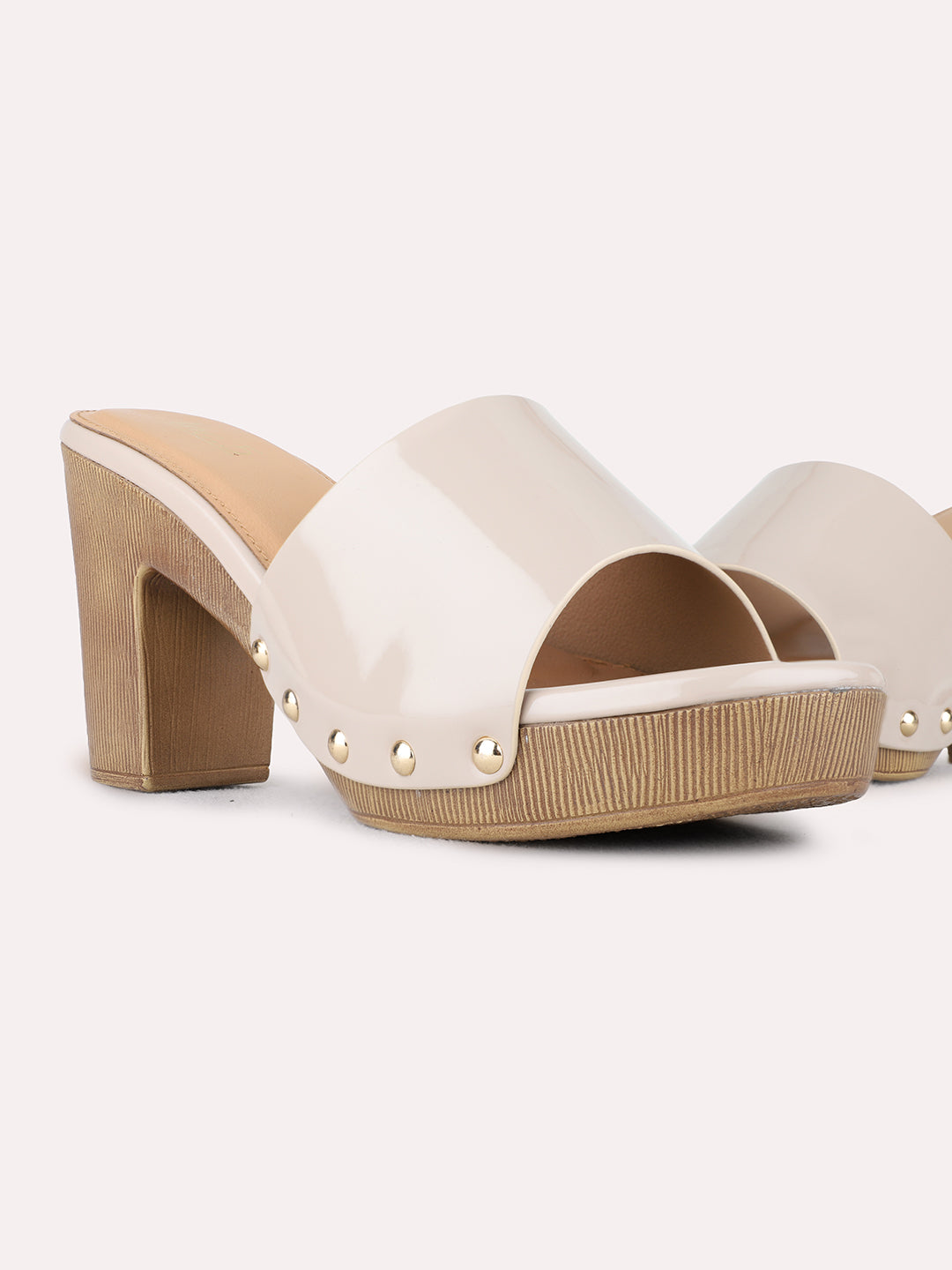 Womens Beige Party Wear Solid Pattern Round Toe Platform Heels