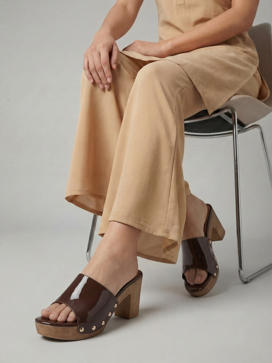 Womens Brown Party Wear Solid Round Toe Platform Heels