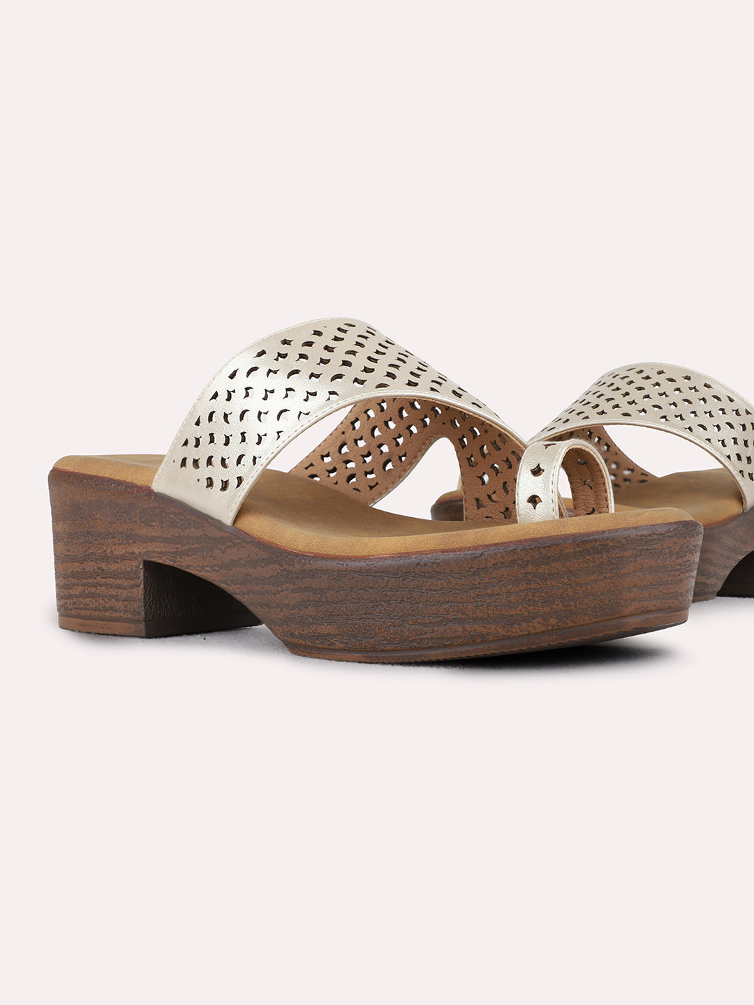 Womens Golden Casual Embossed Round Toe Platform Heels