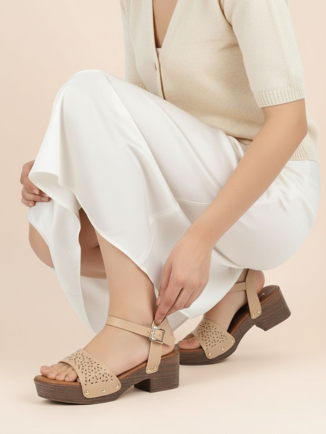 Womens Beige Casual Embossed Round Toe Platform Heels