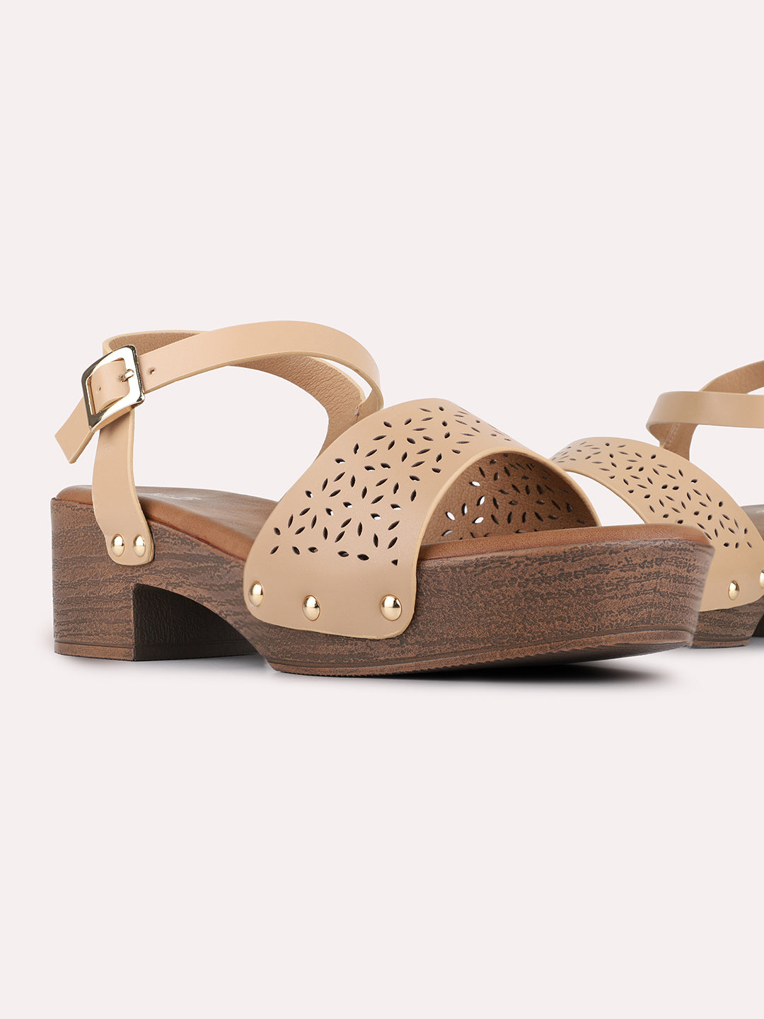 Womens Beige Casual Embossed Round Toe Platform Heels