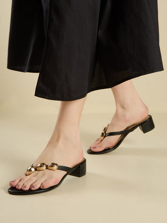 Womens Black Ethnic Embellished Round Toe Block Heels