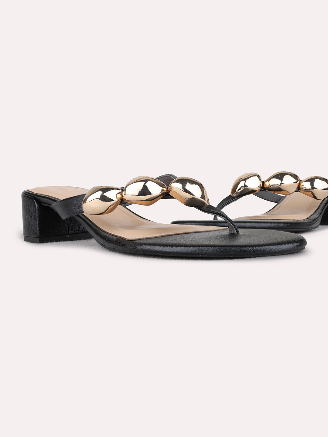 Womens Black Ethnic Embellished Round Toe Block Heel Sandals