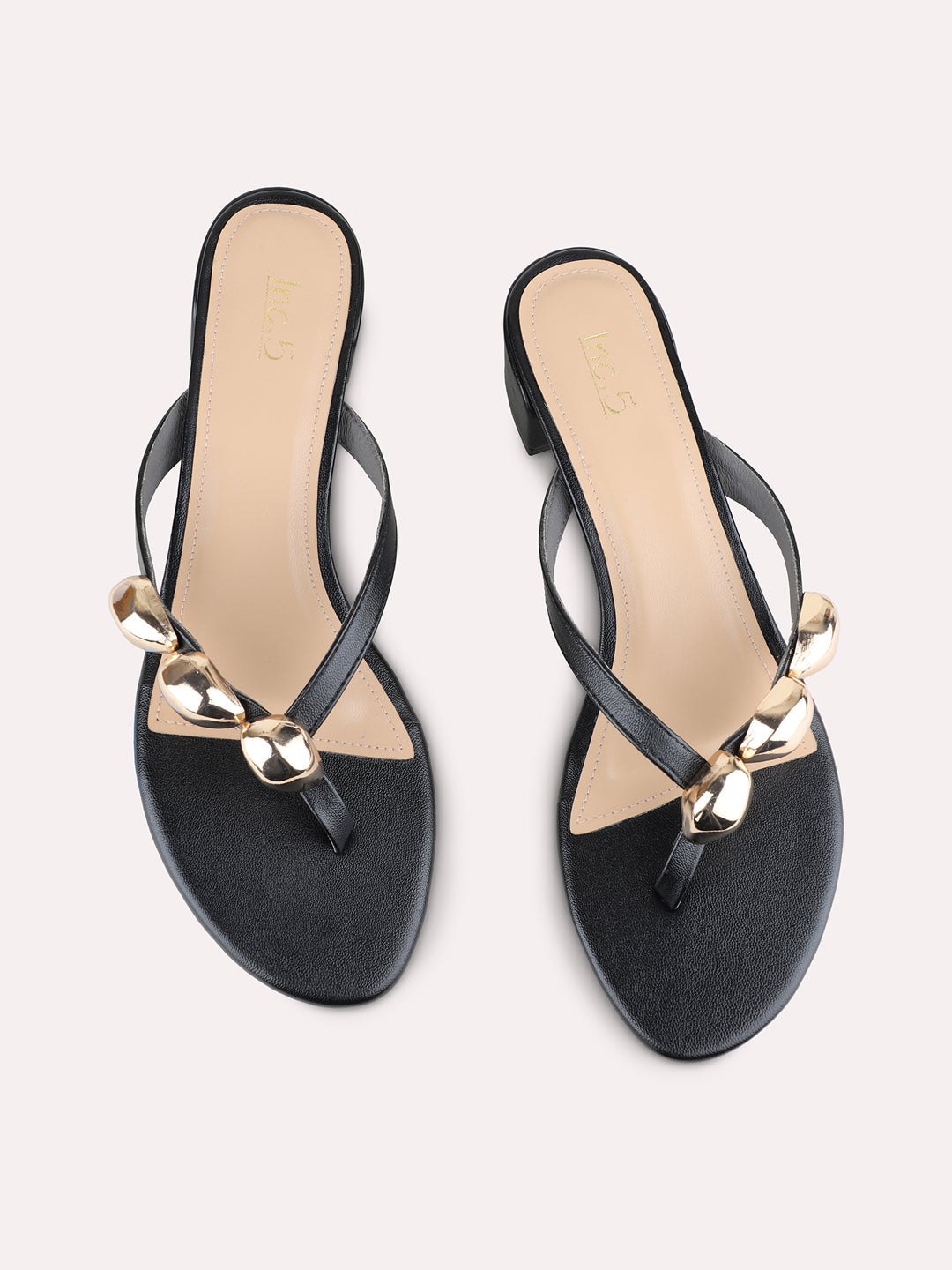 Womens Black Ethnic Embellished Round Toe Block Heels