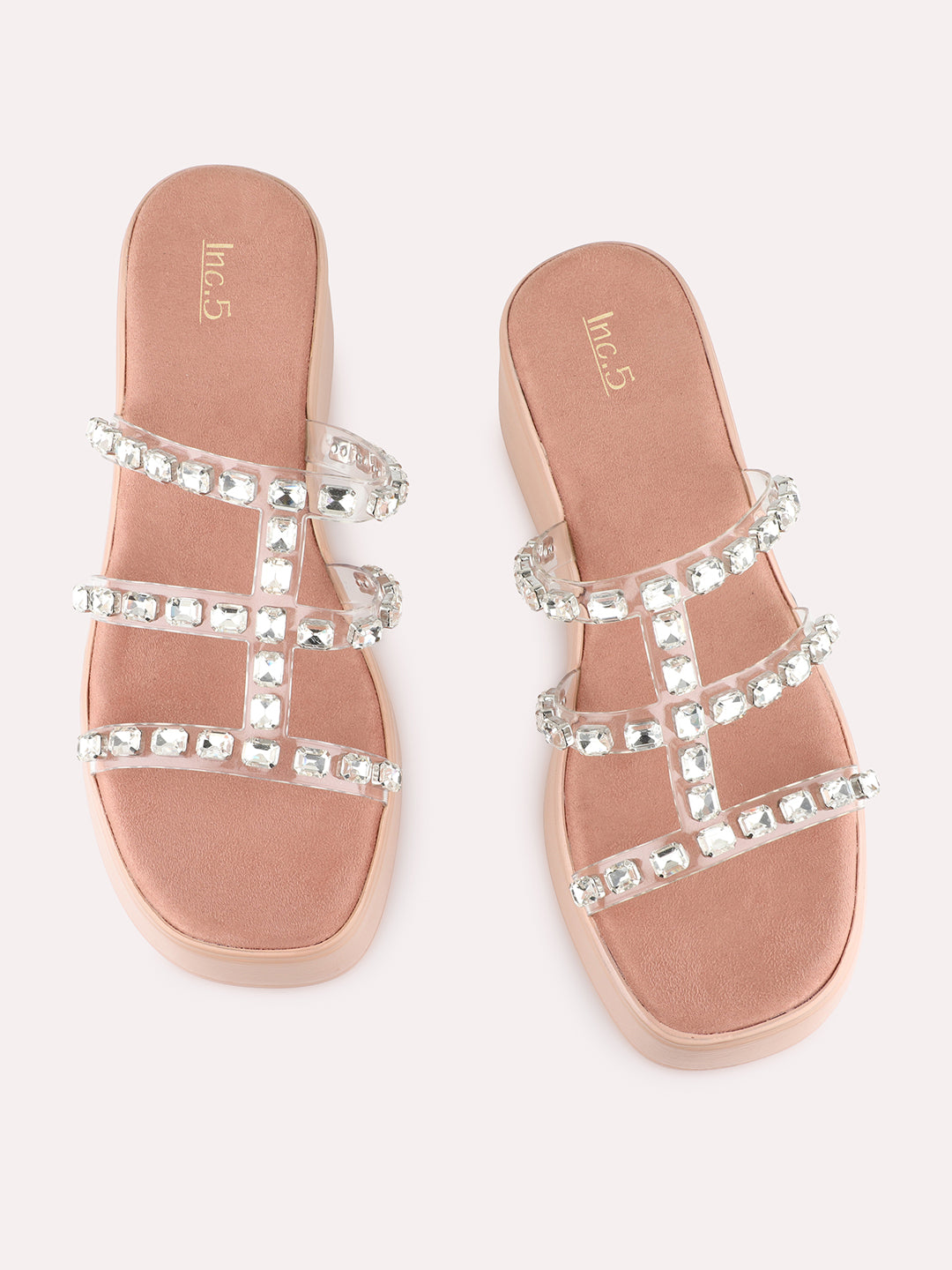 Womens Peach Casual Embellished Round Toe Wedge Heels