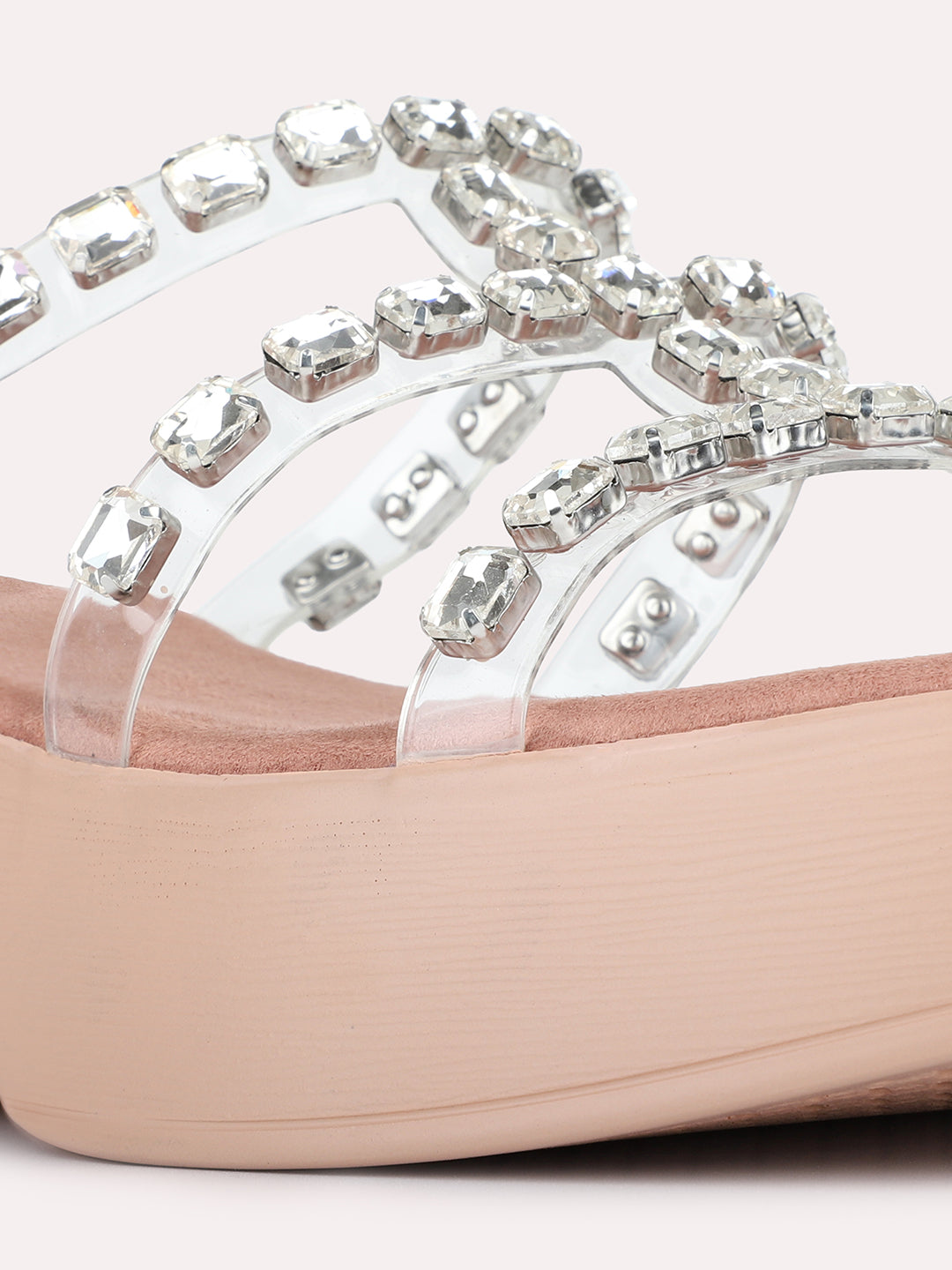 Womens Peach Casual Embellished Round Toe Wedge Heels