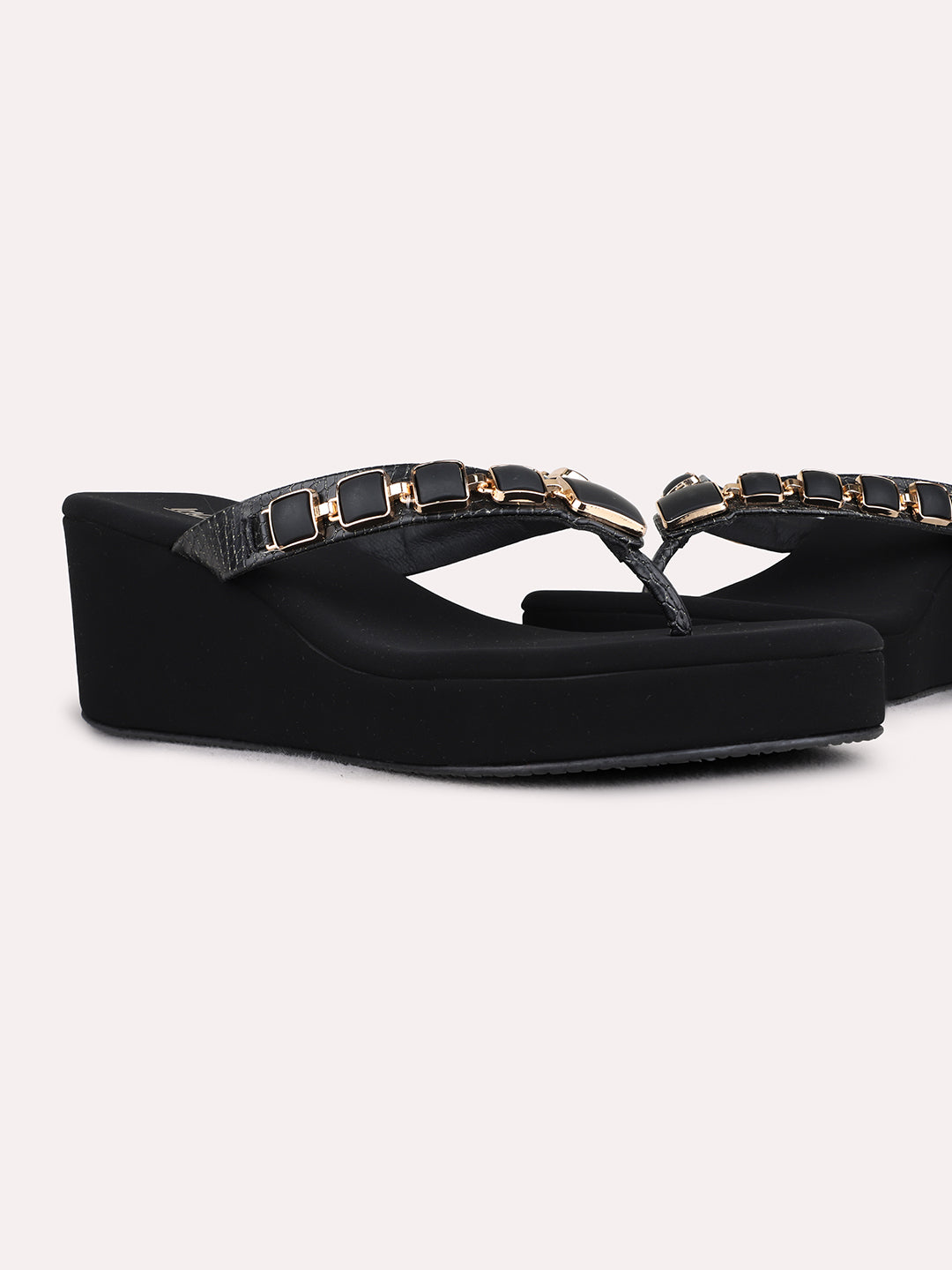 Womens Black Party Wear Embellished Round Toe Wedge Heels