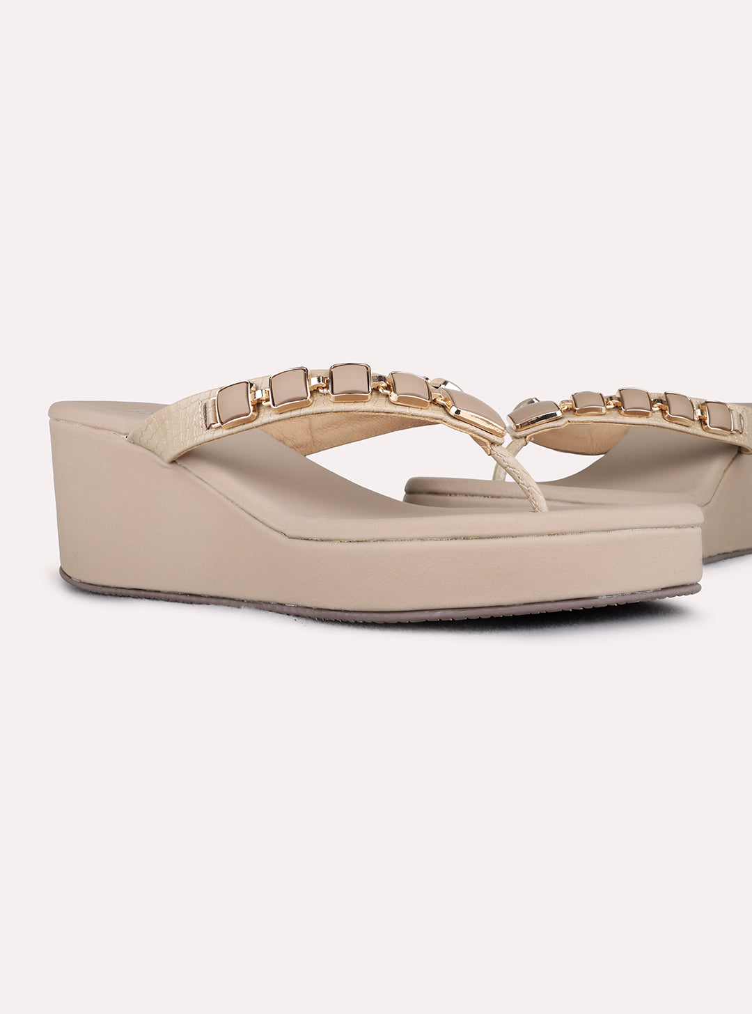 Womens Camel Brown Party Wear Embellished Round Toe Wedge Heels