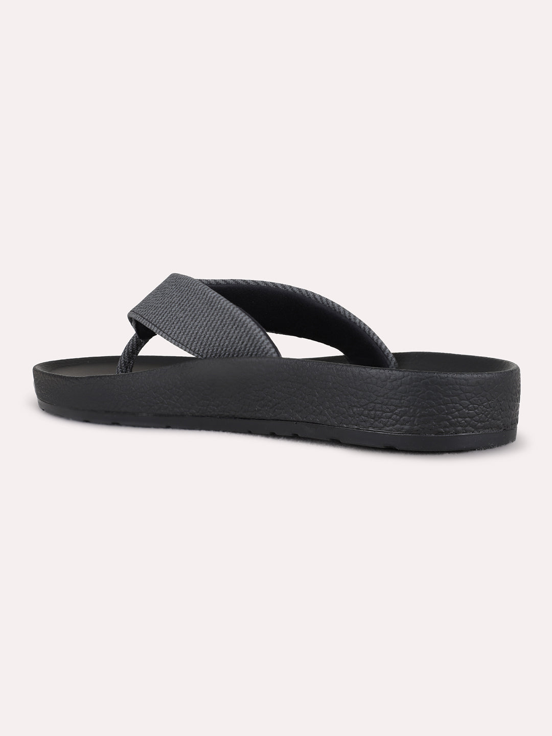 Womens Black Casual Embossed T-Strap Flat Slip-Ons