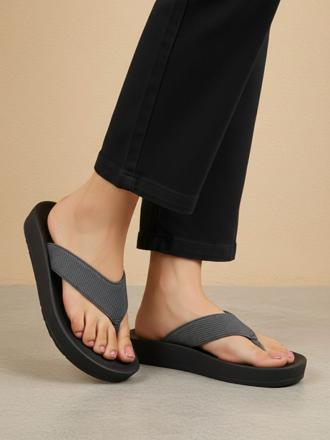 Womens Black Casual Embossed T-Strap Flat Slip-Ons