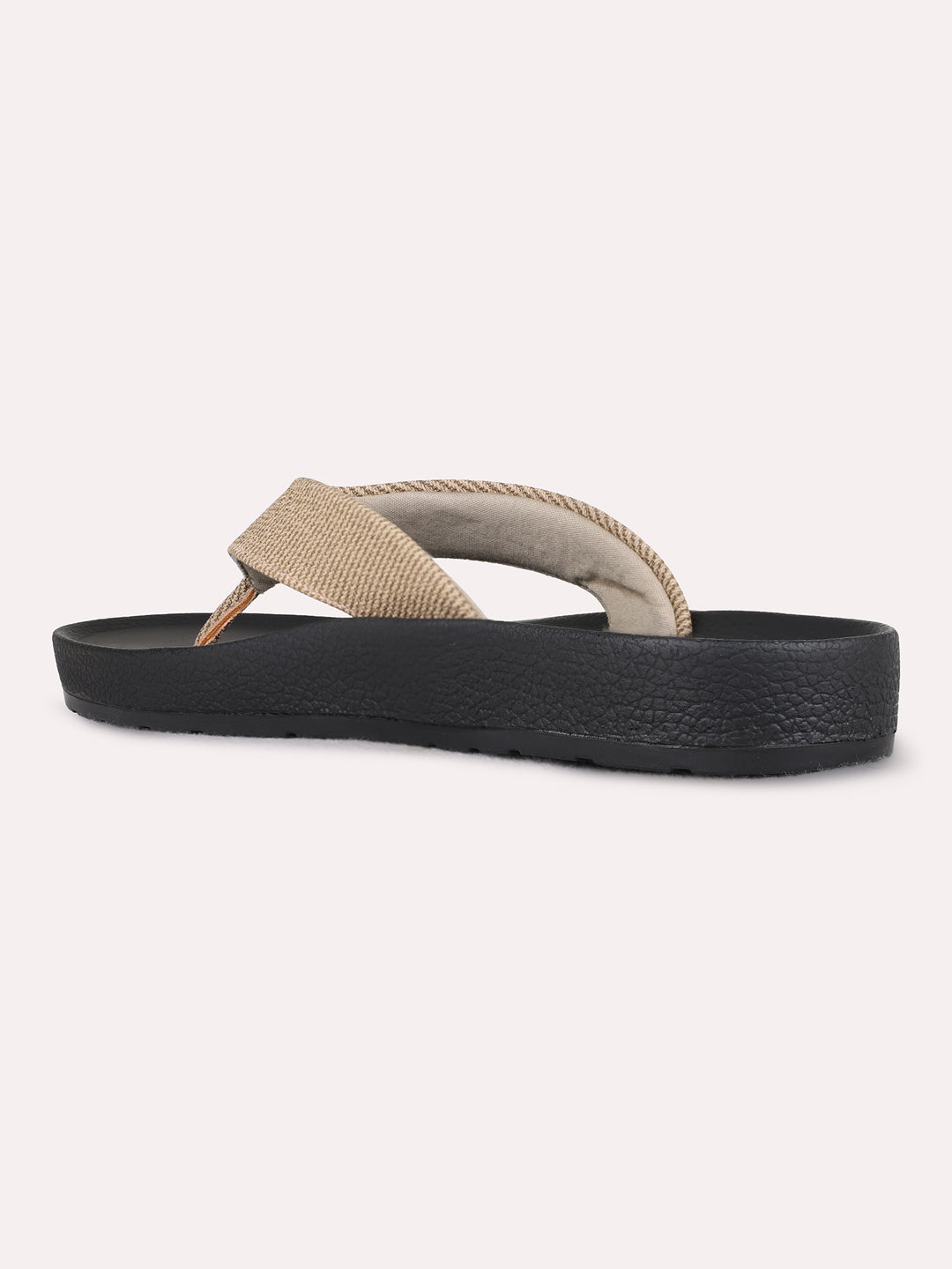 Womens Beige Casual Embossed T-Strap Flat Slip-Ons