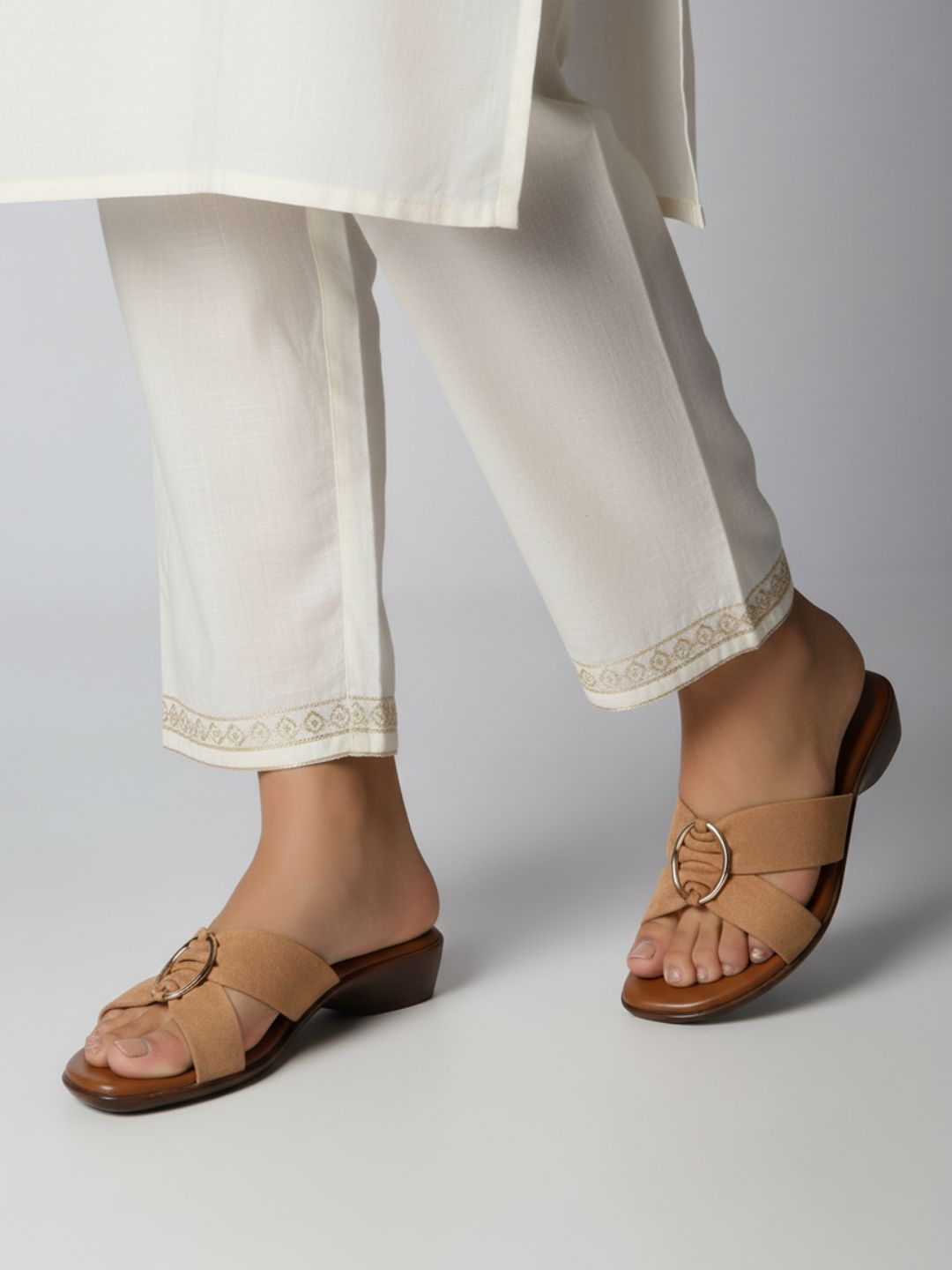 Womens Tan Casual Solid Round Toe Block Heels