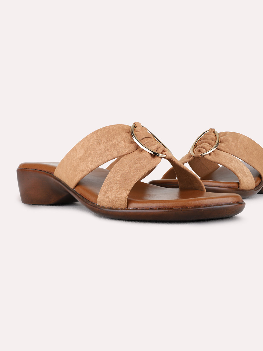 Womens Tan Casual Solid Round Toe Block Heels