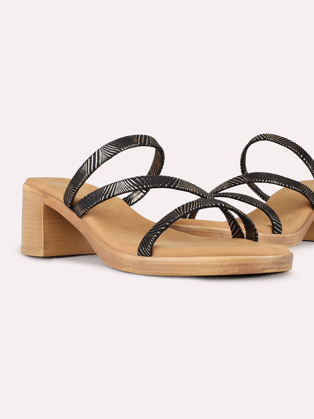 Womens Golden Party Wear Striped Round Toe Block heels