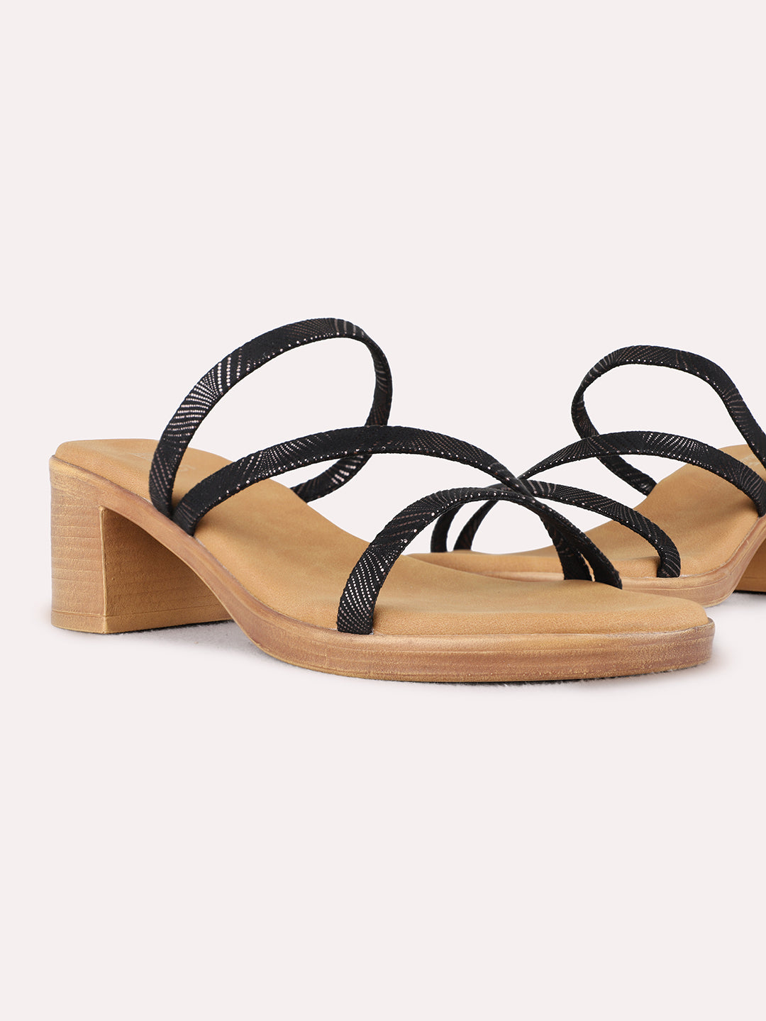 Womens Black Party Wear Striped Round Toe Block heels