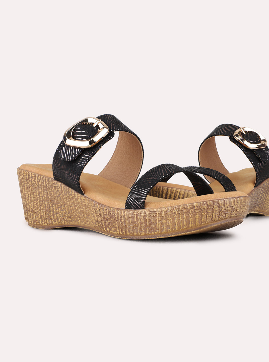 Womens Black Party Wear Solid Round Toe Wedge Heels