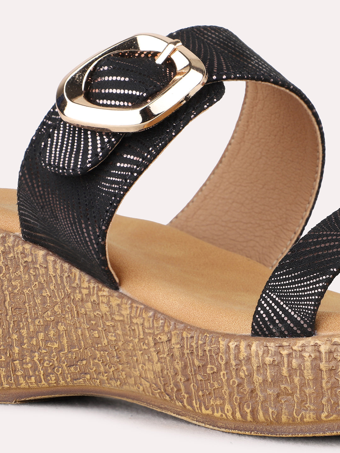 Womens Black Party Wear Solid Round Toe Wedge Heels