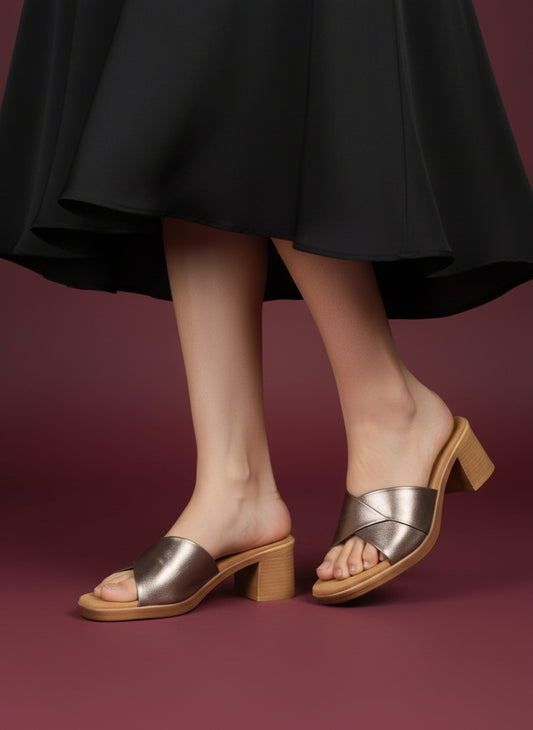 Womens Golden Party Wear Solid Pattern Round Toe Shape Block heels