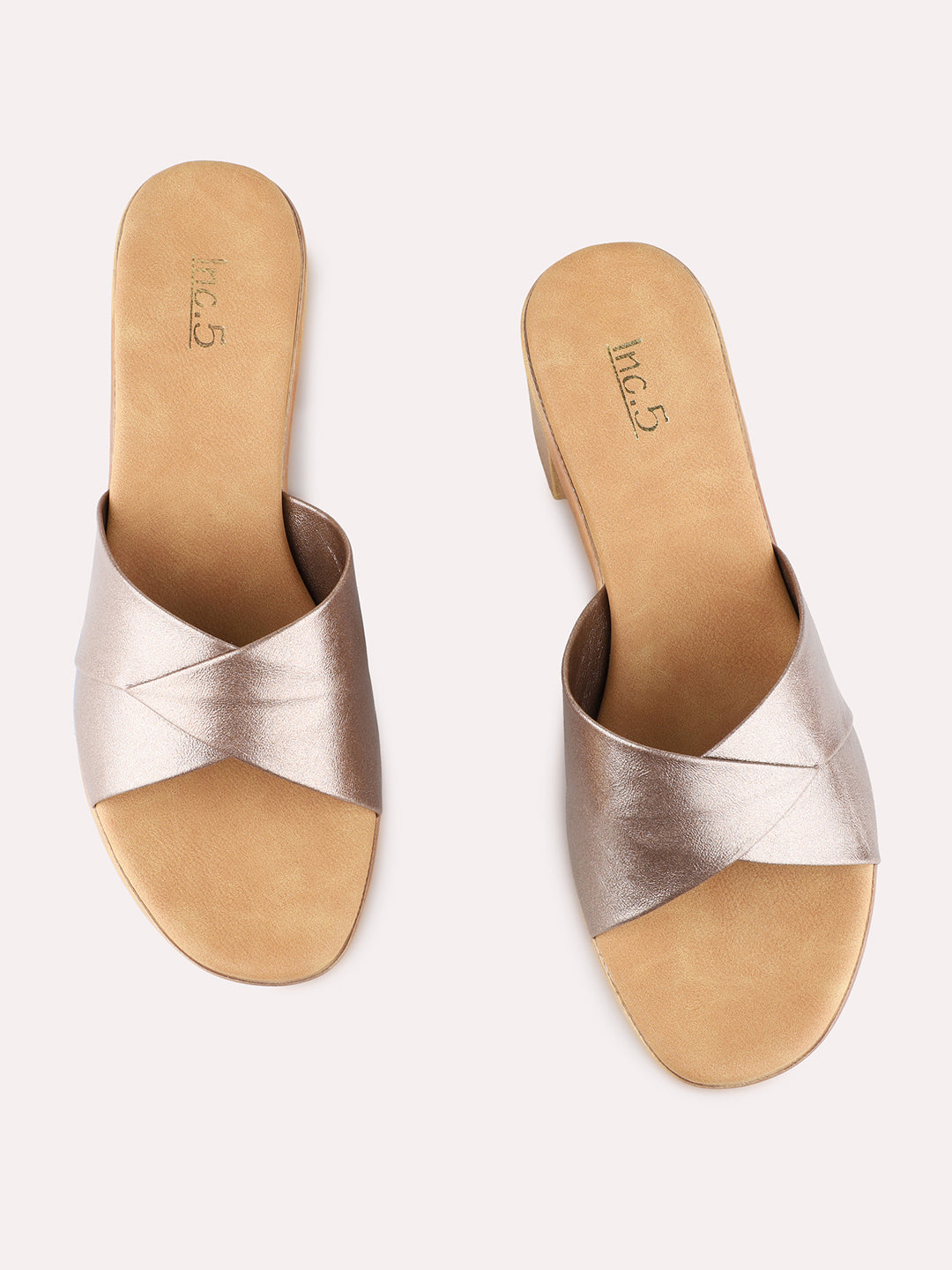 Womens Golden Party Wear Solid Pattern Round Toe Shape Block heels