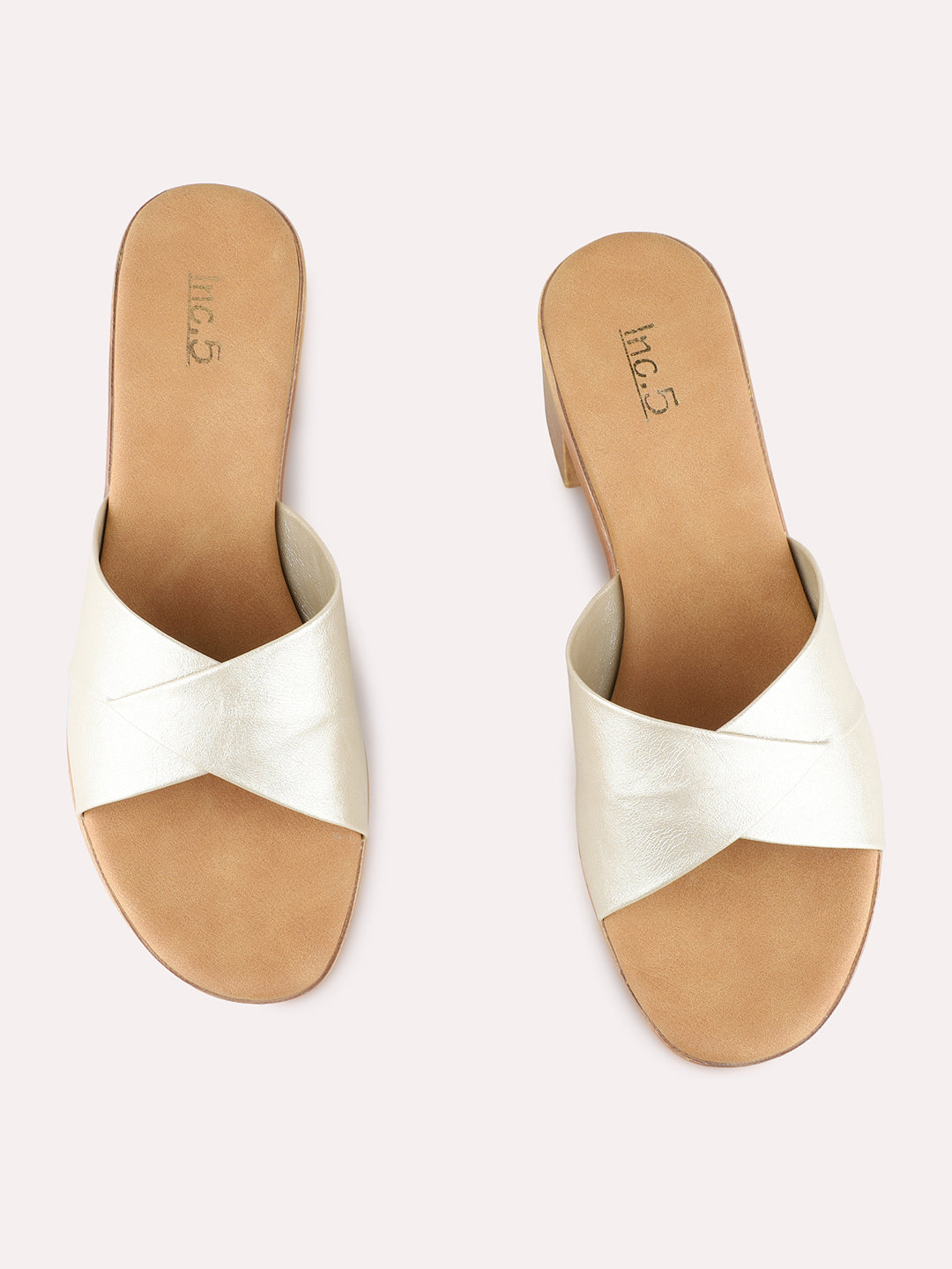 Womens Golden Party Wear Solid Round Block heels