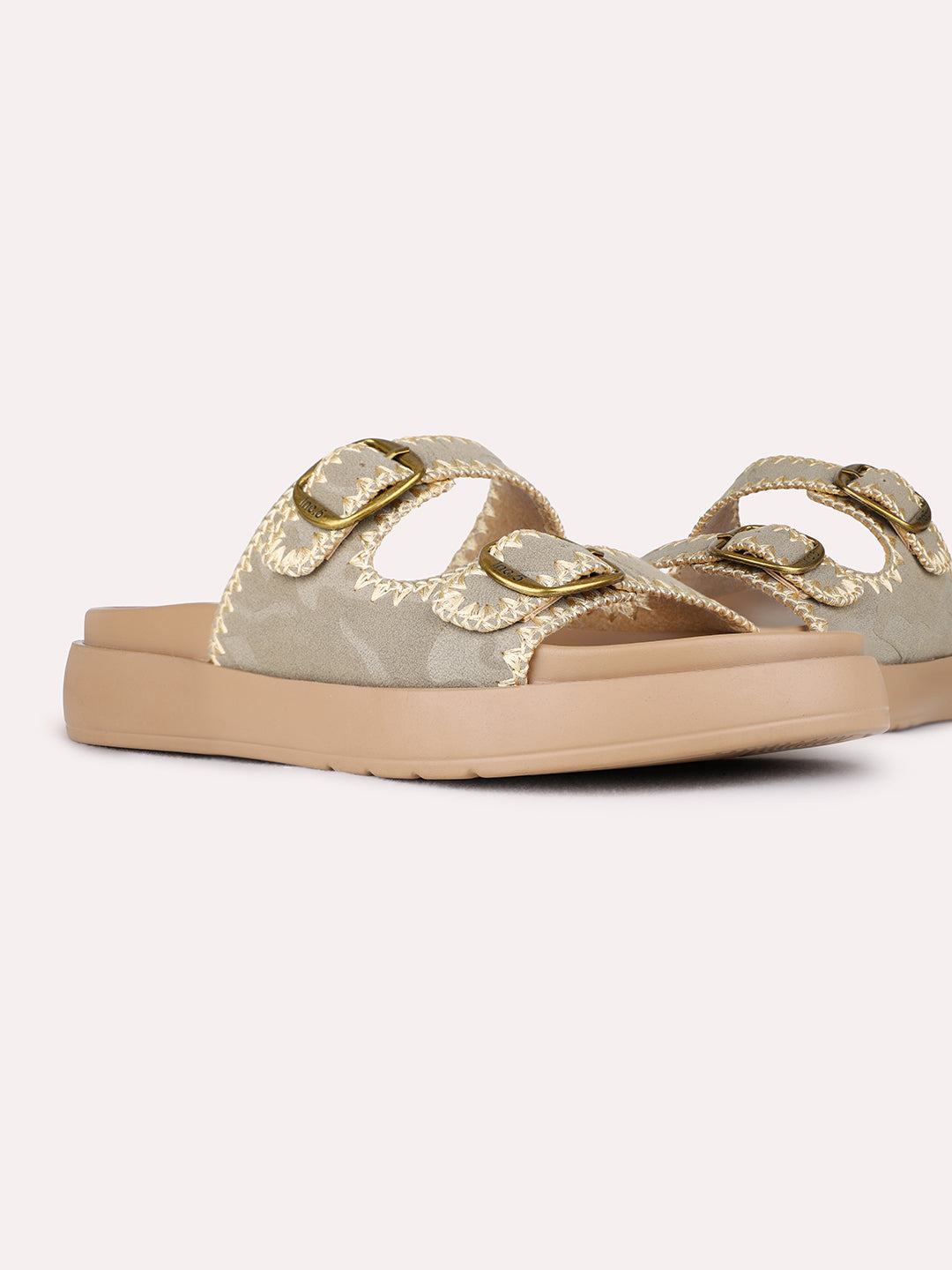 Womens Beige Party Wear Embellished Open Toe Flat Sandals