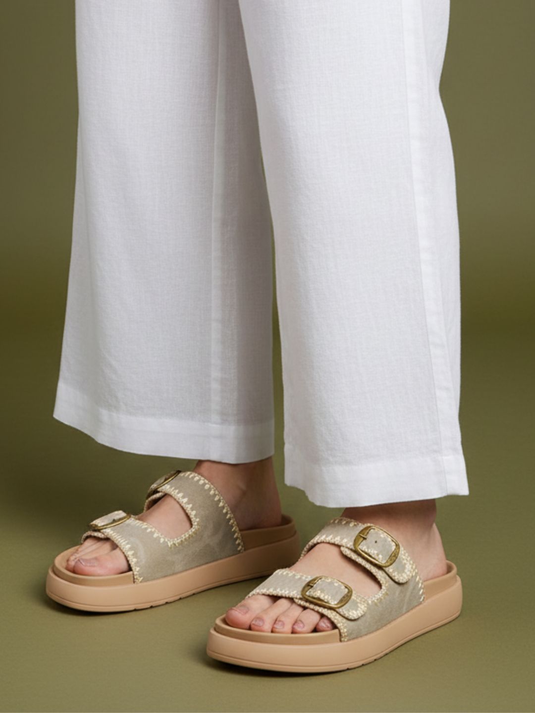 Womens Beige Party Wear Embellished Open Toe Flat Sandals