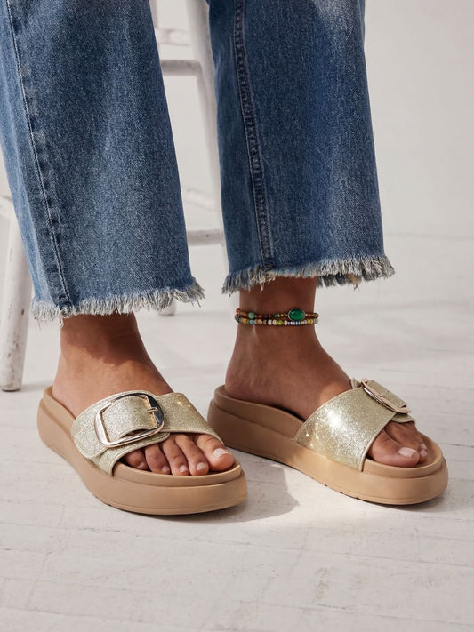 Womens Golden Casual Printed Open Toe Flats