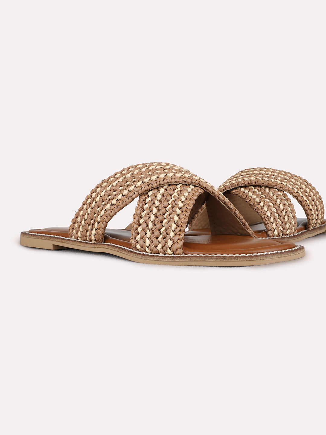 Womens Beige Casual Embellished Open Toe Flat Slip-On Sandals