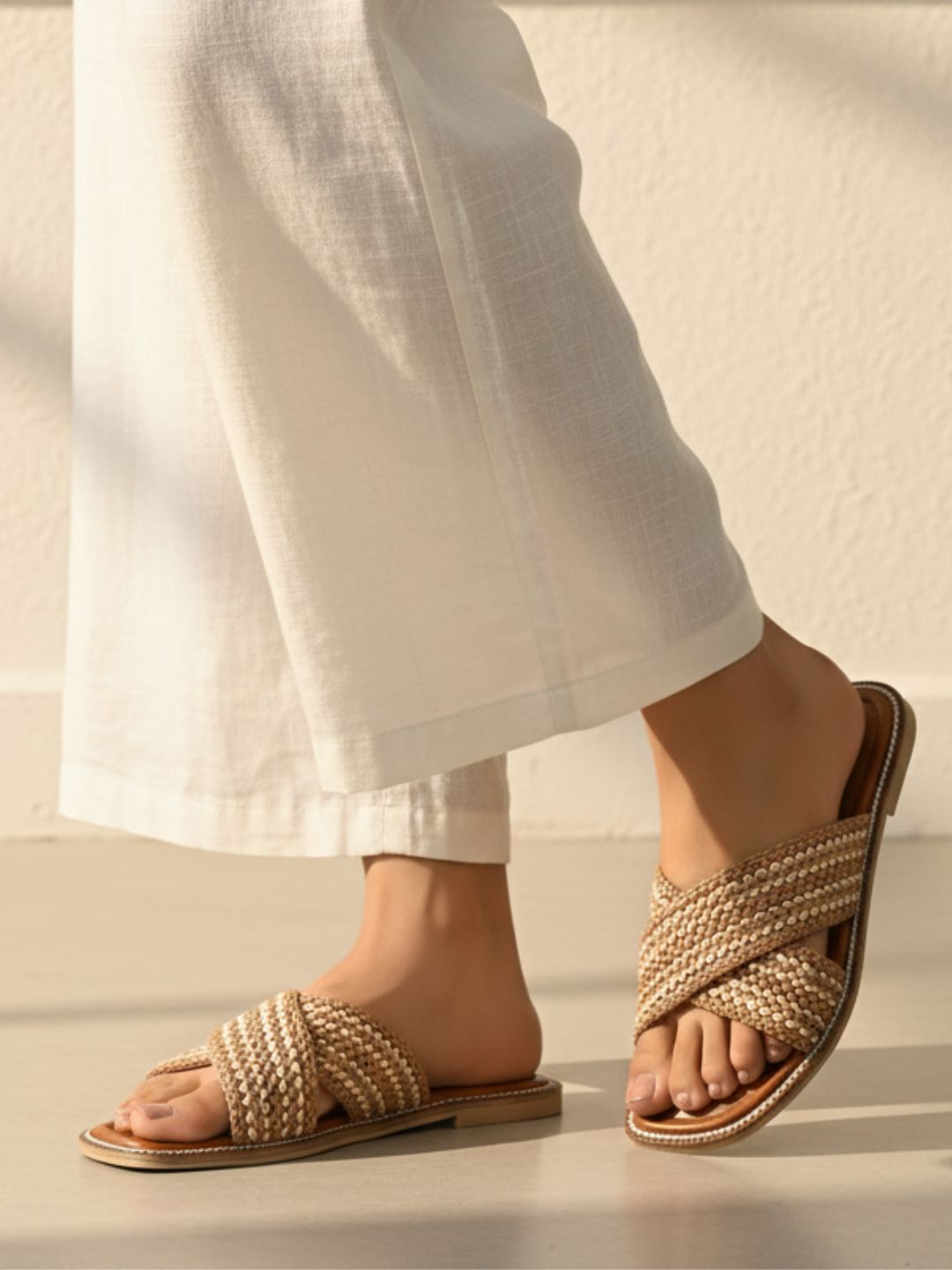 Womens Beige Casual Embellished Open Toe Flat Slip-On Sandals