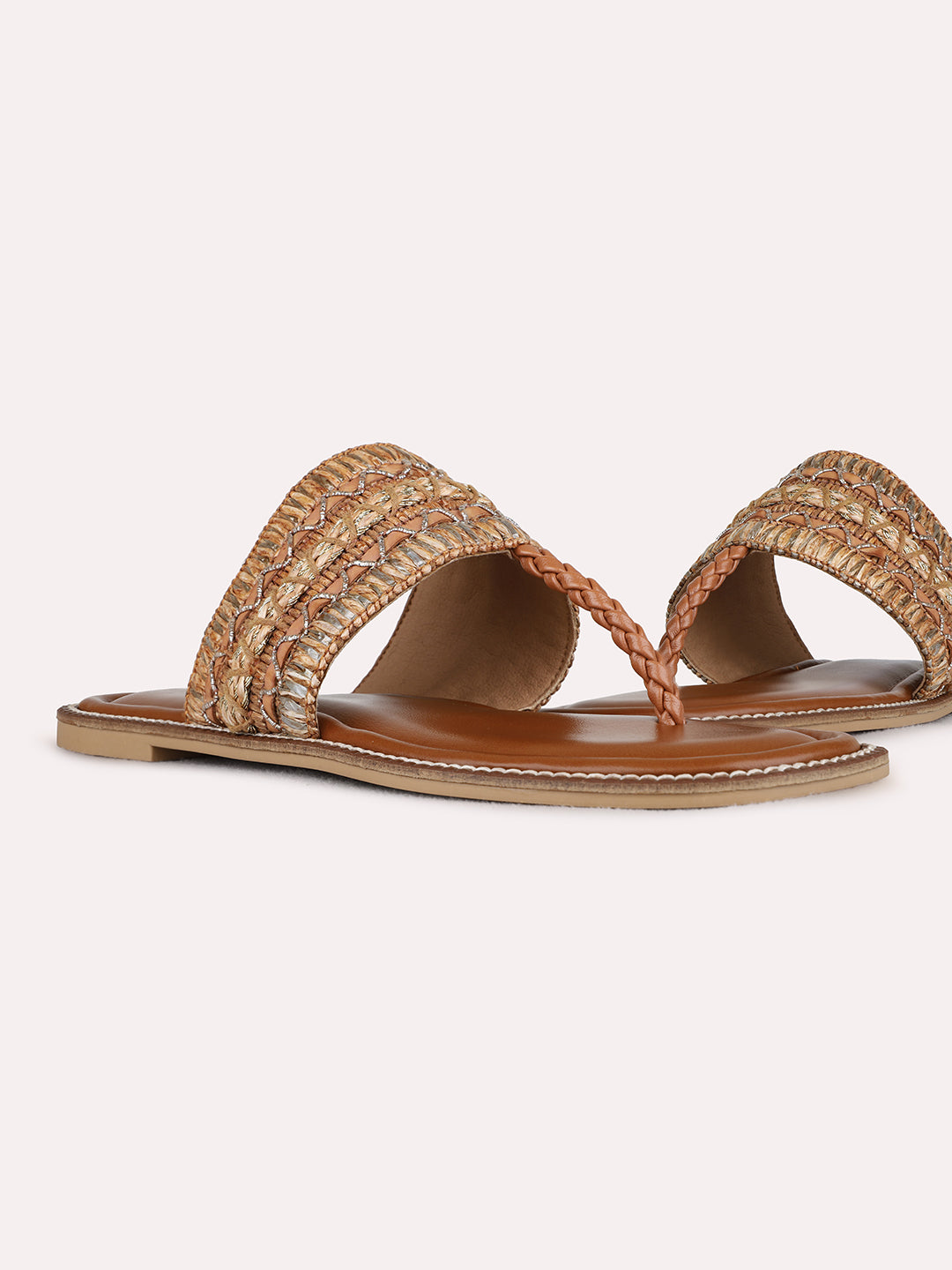 Womens Beige Casual Embellished Pattern T-Strap Flats
