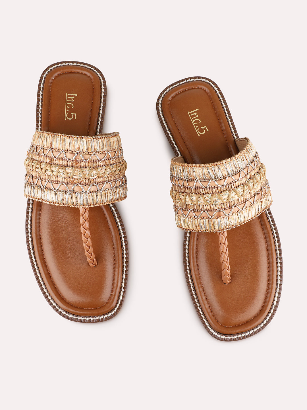 Womens Beige Casual Embellished Pattern T-Strap Flats