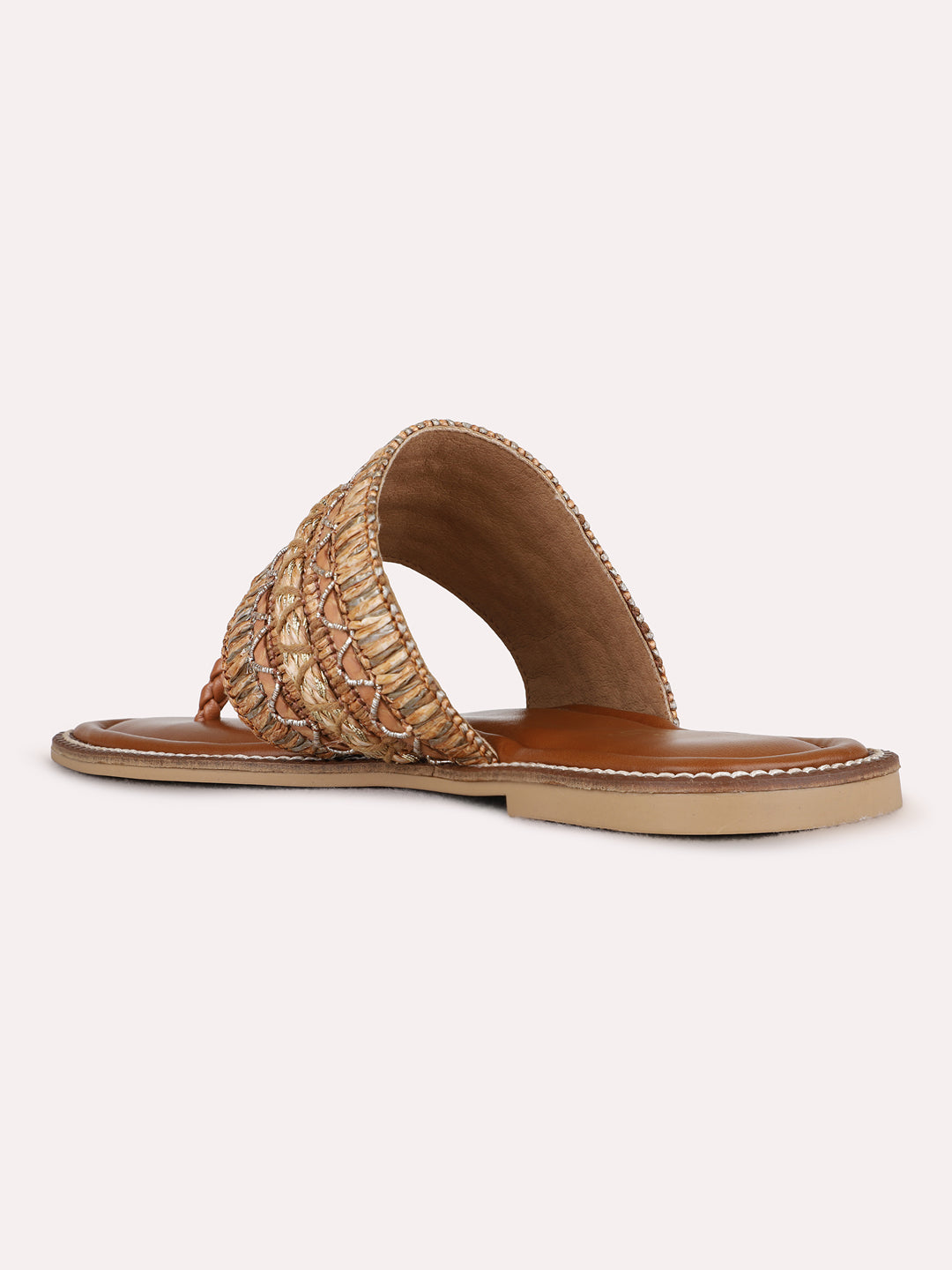 Womens Beige Casual Embellished Pattern T-Strap Flats