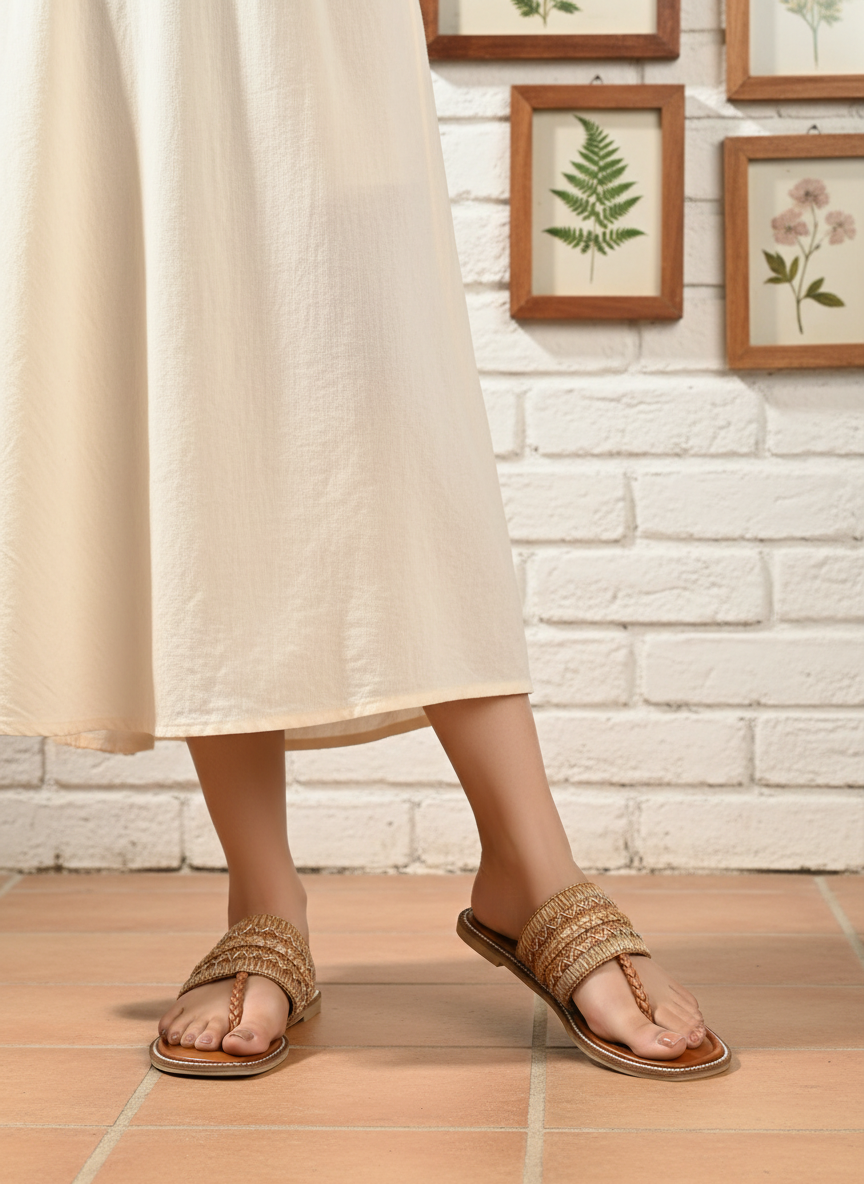 Womens Beige Casual Embellished Pattern T-Strap Flats