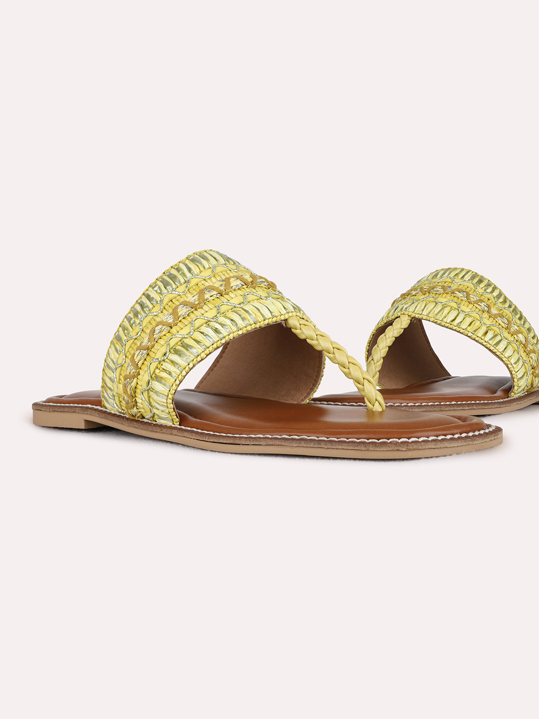 Womens Yellow Casual Embellished T-Strap Flats