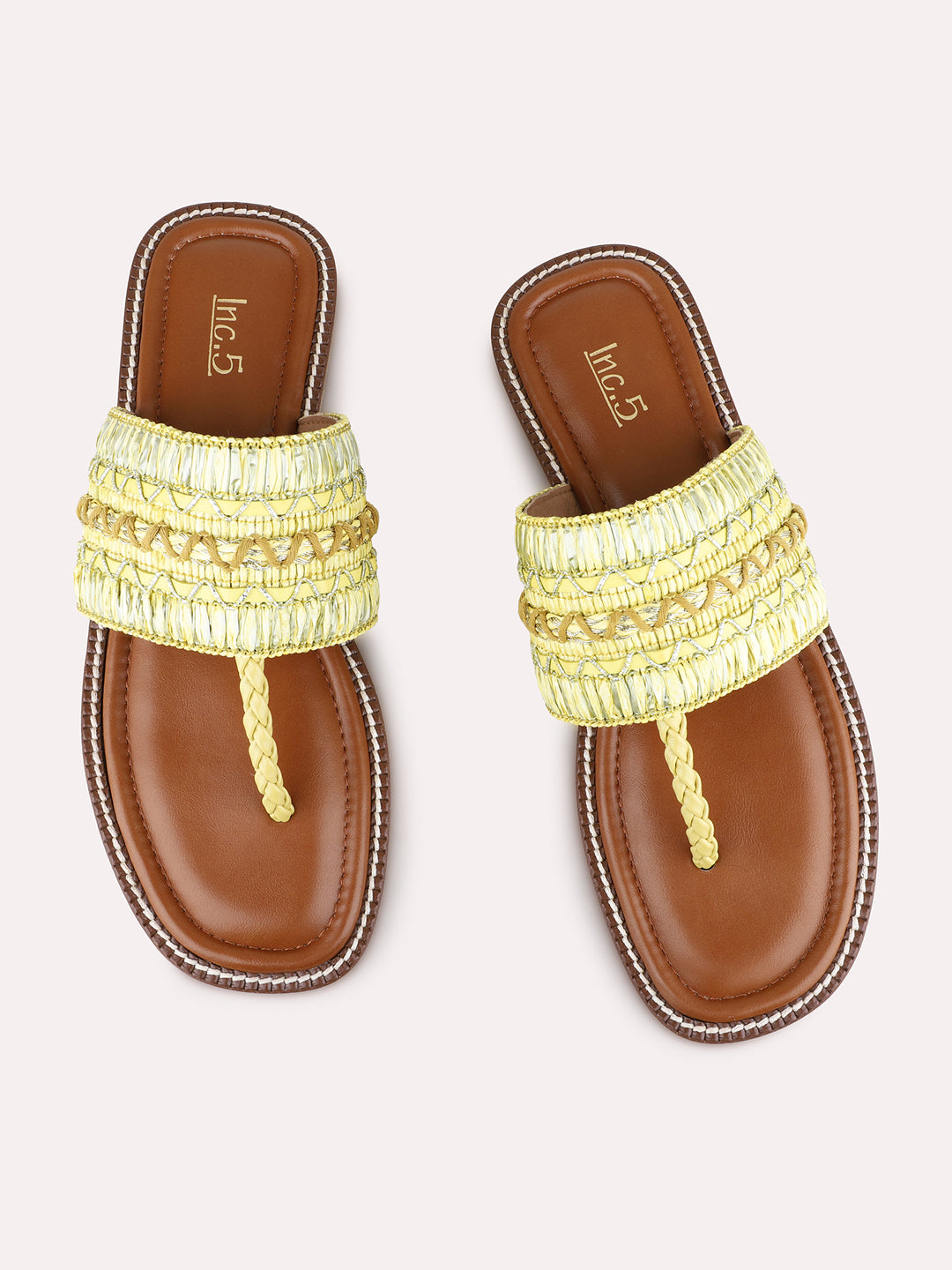Womens Yellow Casual Embellished T-Strap Flats