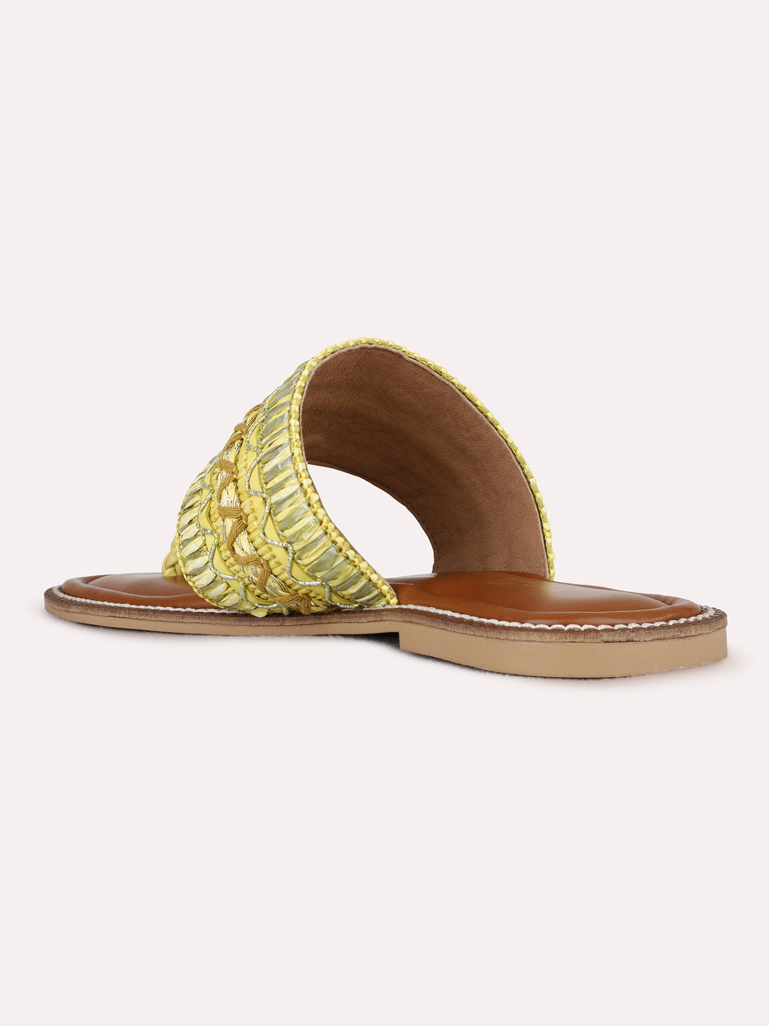 Womens Yellow Casual Embellished T-Strap Flats